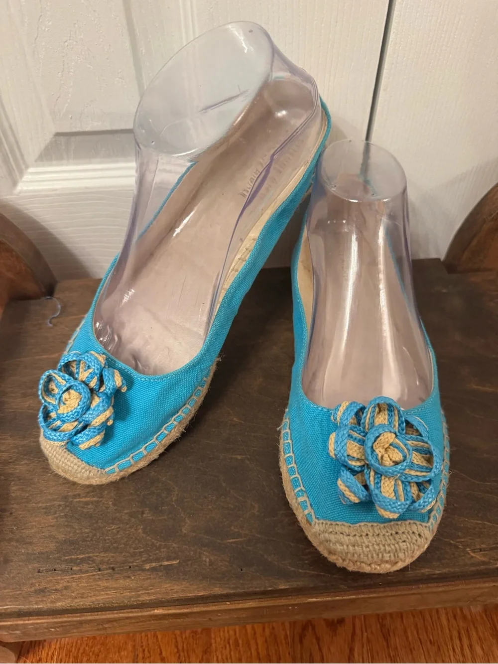 Aigner Turquoise Canvas Espadrille Flats Rope Flower Women’s